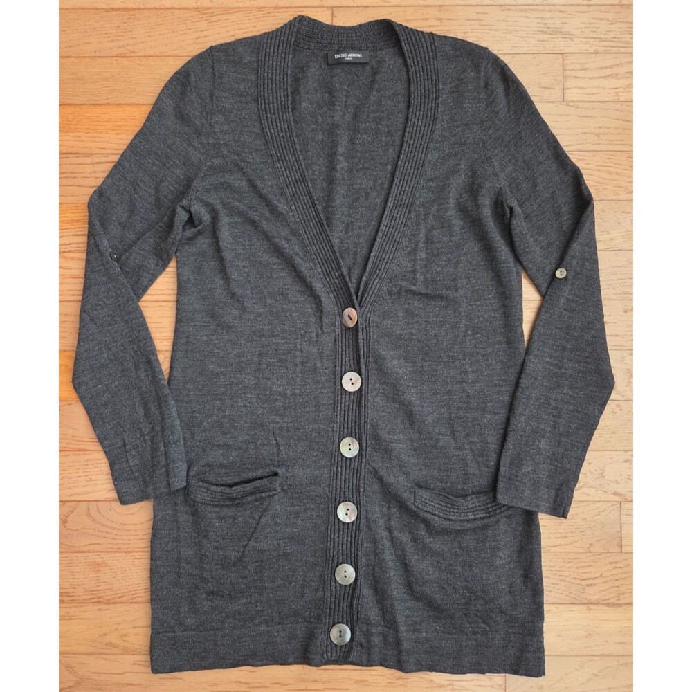 United Arrows Tokyo Women's Wool Charcoal Cardigan Button Sleeve Tabs